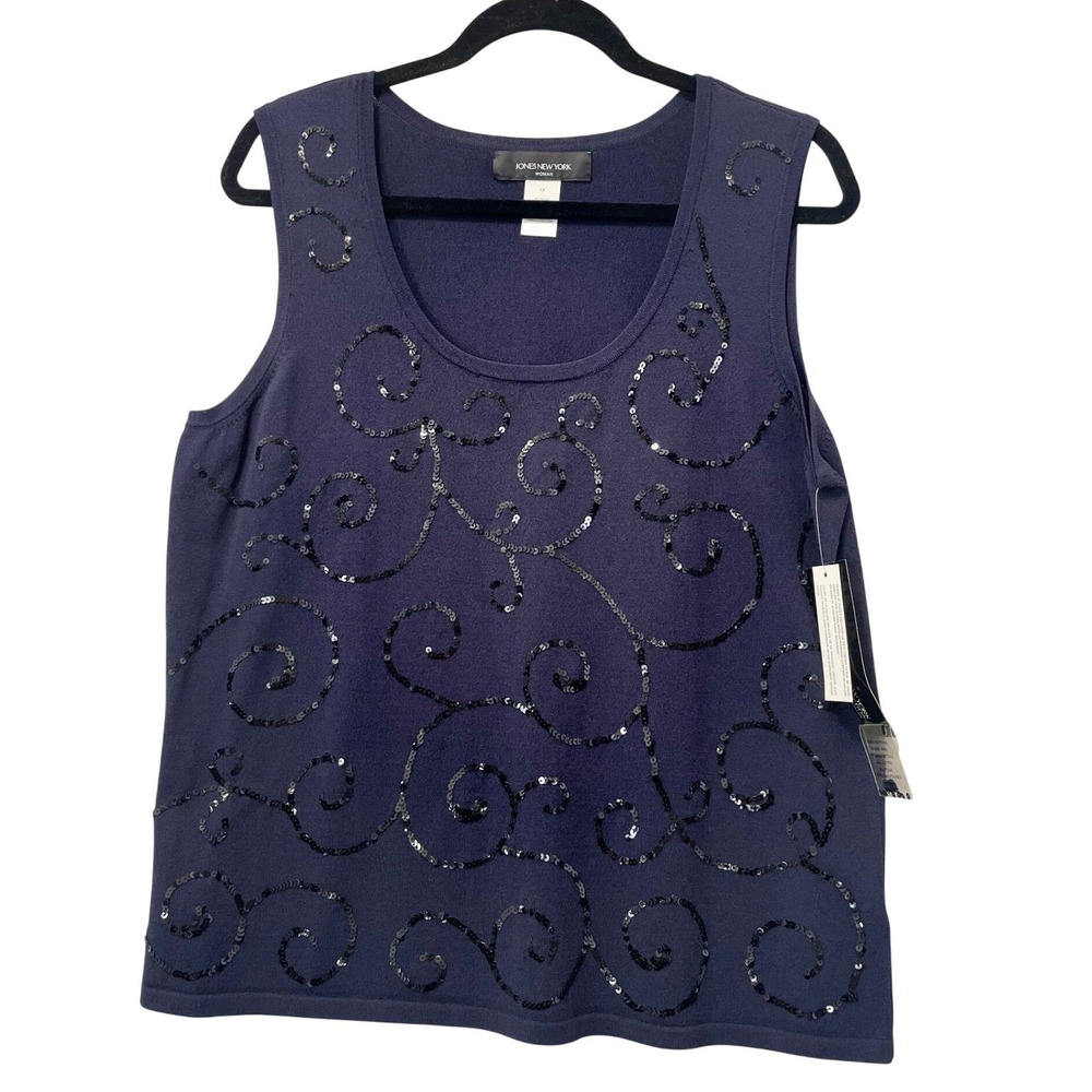 Jones New York Tank Top Women 1X Blue New Sequin Swirl Sleeveless‎ Knit Shell